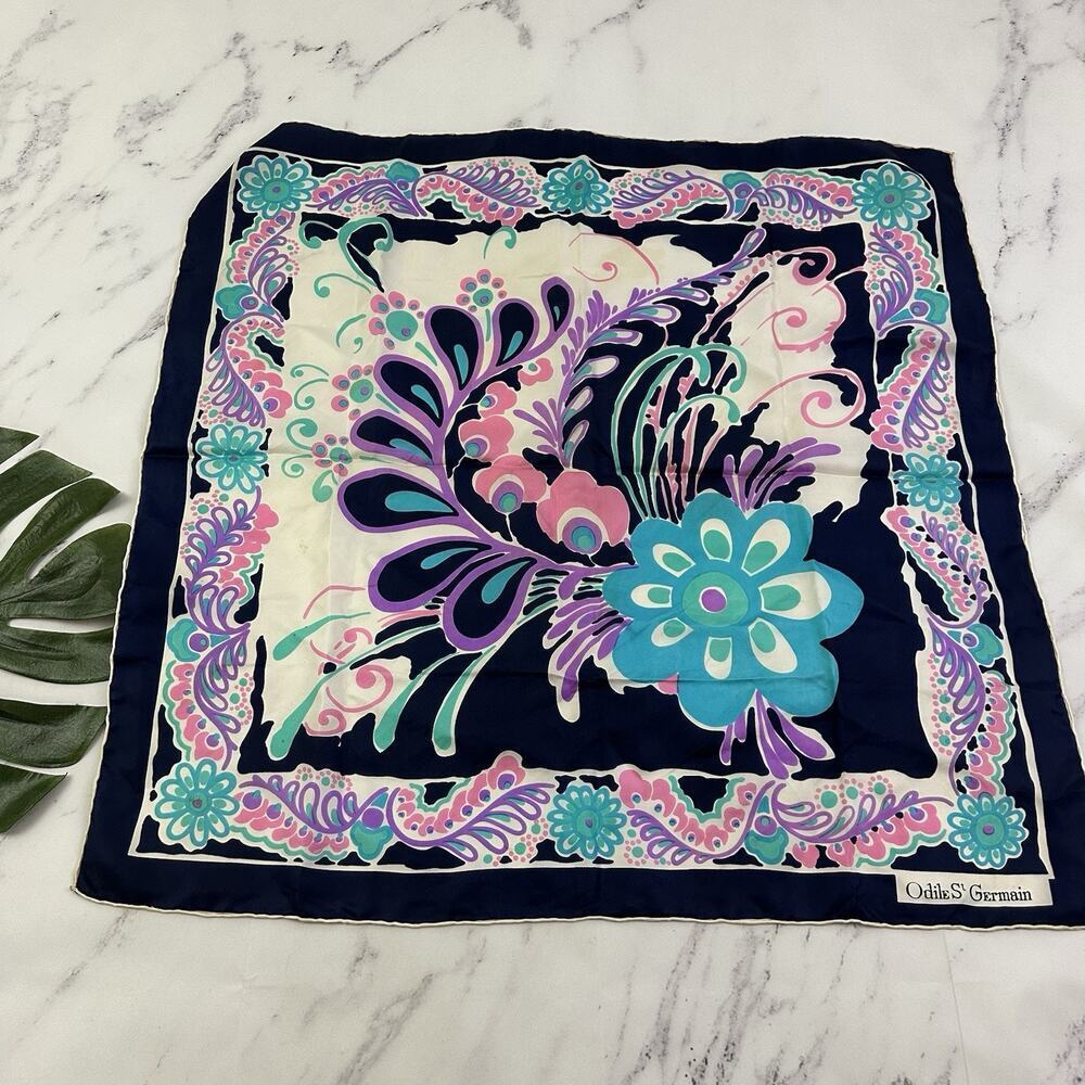 Odile St Germain Vintage Silk Scarf Blue Pink Pasiley Floral Square Lightweight